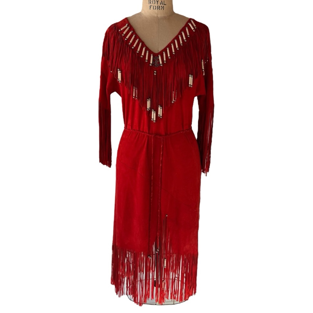 Vintage 60s Ren Ellis Red Lambskin Suede Fringe Beaded Native Western Dress